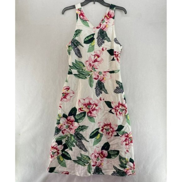 Banana Republic Dress Womens Sz 6 White Pink Floral V -Neck A-Line Linen Blend - Picture 1 of 11